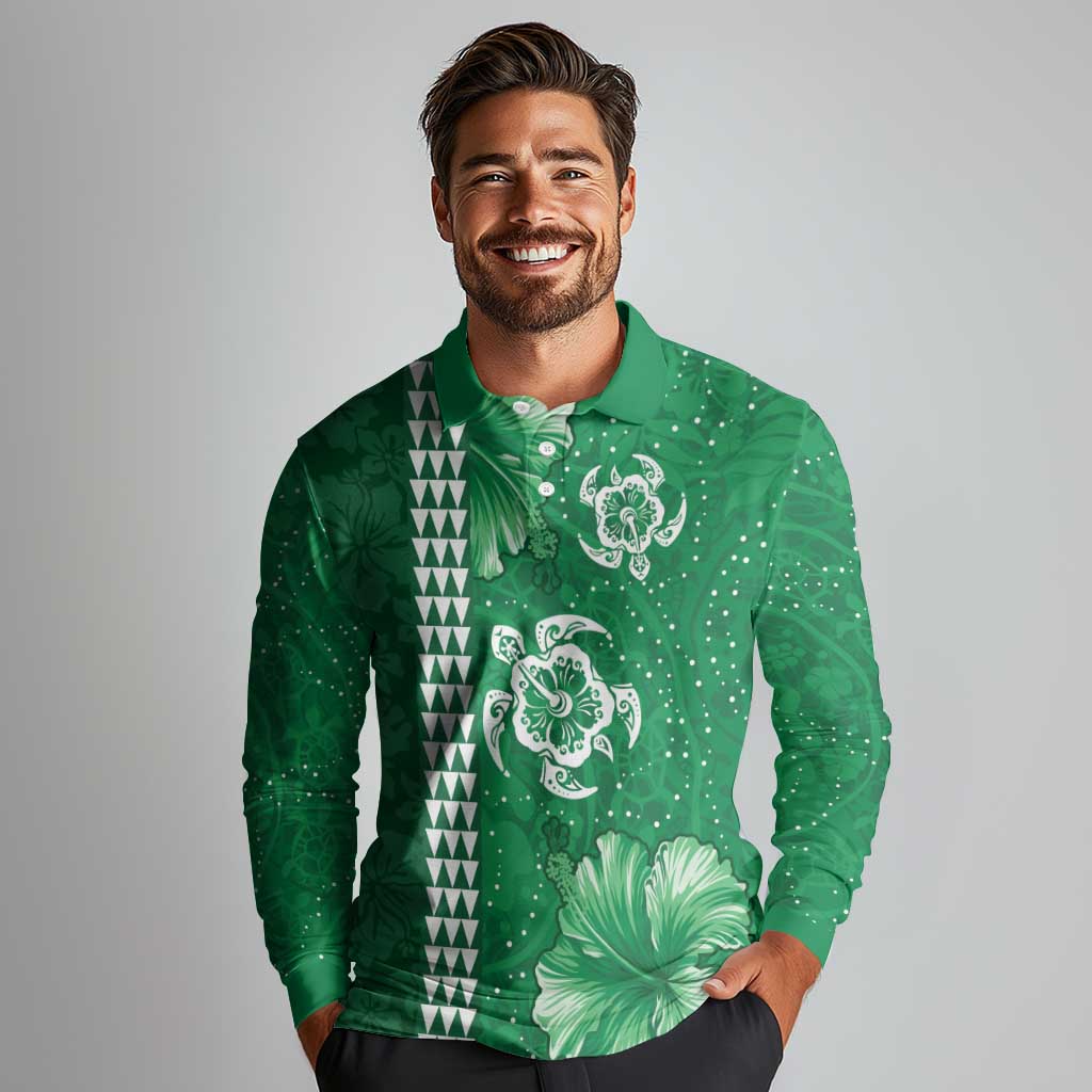 Green Hibiscus Turle Long Sleeve Polo Shirt Hawaiian Style Tribal Tapa Pattern