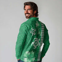 Green Hibiscus Turle Long Sleeve Polo Shirt Hawaiian Style Tribal Tapa Pattern