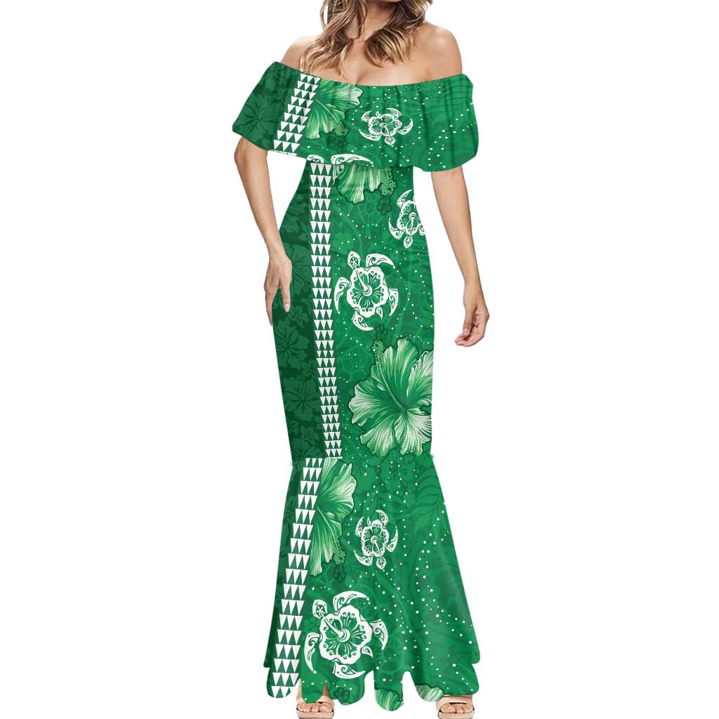 Green Hibiscus Turle Mermaid Dress Hawaiian Style Tribal Tapa Pattern