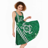 Green Hibiscus Turle Midi Dress Hawaiian Style Tribal Tapa Pattern - Polynesian Pride