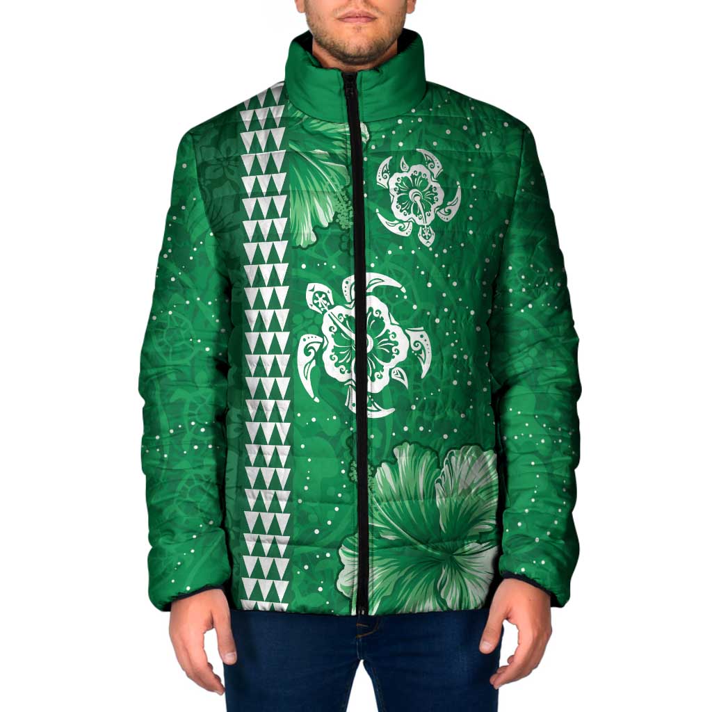 Green Hibiscus Turle Padded Jacket Hawaiian Style Tribal Tapa Pattern - Polynesian Pride