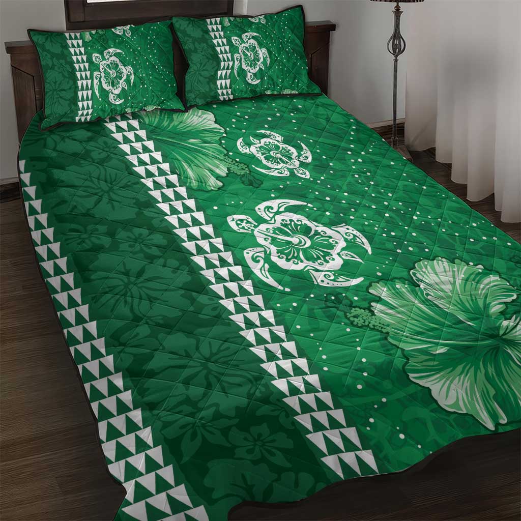 Green Hibiscus Turle Quilt Bed Set Hawaiian Style Tribal Tapa Pattern