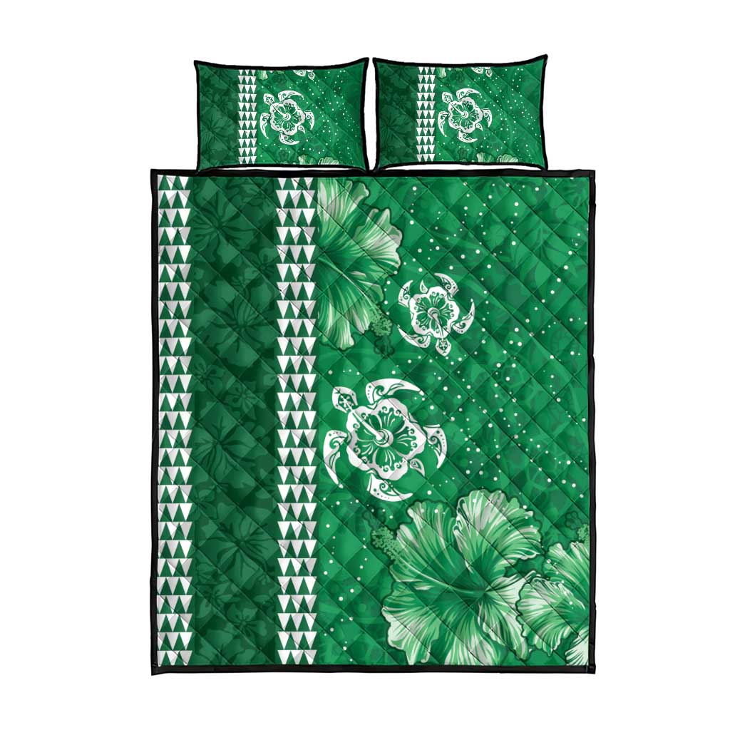 Green Hibiscus Turle Quilt Bed Set Hawaiian Style Tribal Tapa Pattern