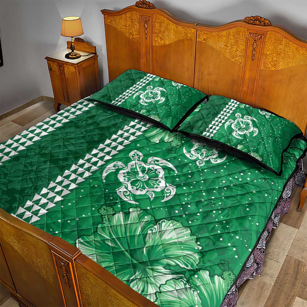 Green Hibiscus Turle Quilt Bed Set Hawaiian Style Tribal Tapa Pattern