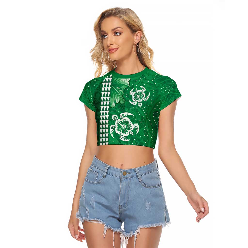 Green Hibiscus Turle Raglan Cropped T Shirt Hawaiian Style Tribal Tapa Pattern LT9 Female Green - Polynesian Pride