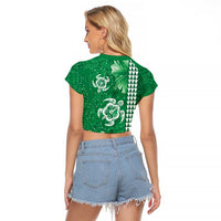Green Hibiscus Turle Raglan Cropped T Shirt Hawaiian Style Tribal Tapa Pattern