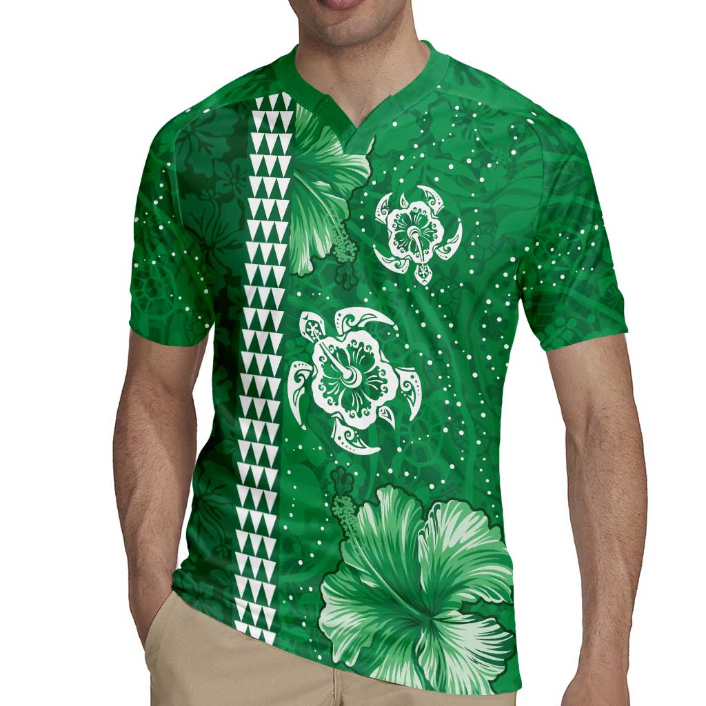 Green Hibiscus Turle Rugby Jersey Hawaiian Style Tribal Tapa Pattern