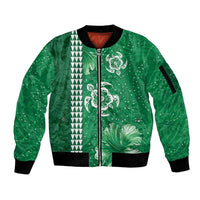 Green Hibiscus Turle Sleeve Zip Bomber Jacket Hawaiian Style Tribal Tapa Pattern LT9 Unisex Green - Polynesian Pride