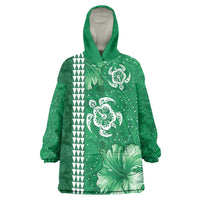 Green Hibiscus Turle Wearable Blanket Hoodie Hawaiian Style Tribal Tapa Pattern