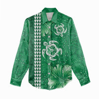 Green Hibiscus Turle Women Casual Shirt Hawaiian Style Tribal Tapa Pattern