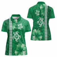 Green Hibiscus Turle Women Polo Shirt Hawaiian Style Tribal Tapa Pattern