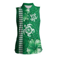 Green Hibiscus Turle Women Sleeveless Polo Shirt Hawaiian Style Tribal Tapa Pattern