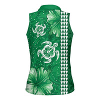Green Hibiscus Turle Women Sleeveless Polo Shirt Hawaiian Style Tribal Tapa Pattern