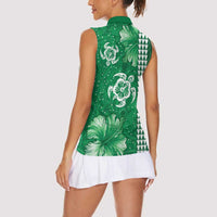 Green Hibiscus Turle Women Sleeveless Polo Shirt Hawaiian Style Tribal Tapa Pattern