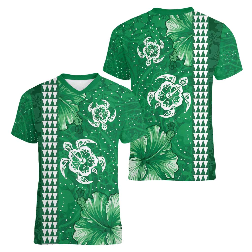 Green Hibiscus Turle Women V-Neck T-Shirt Hawaiian Style Tribal Tapa Pattern