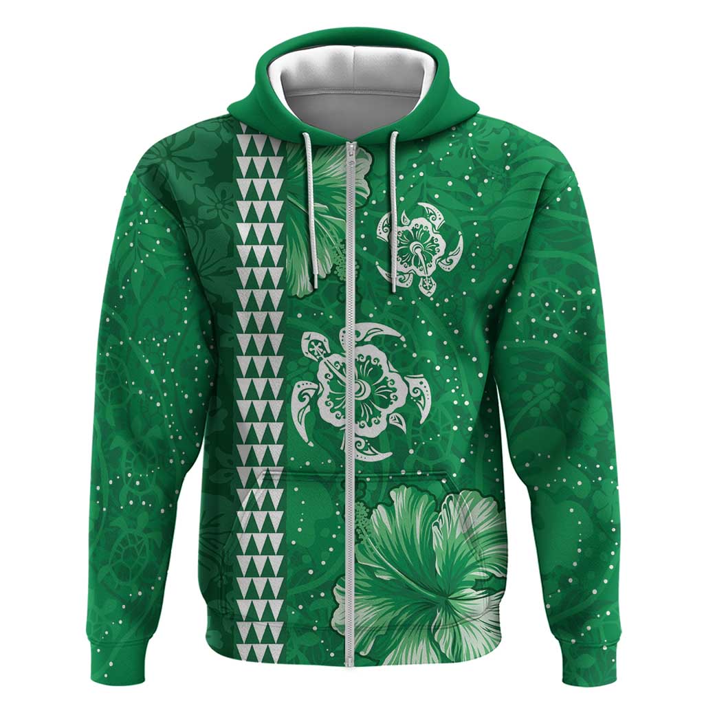 Green Hibiscus Turle Zip Hoodie Hawaiian Style Tribal Tapa Pattern LT9 Zip Hoodie Green - Polynesian Pride