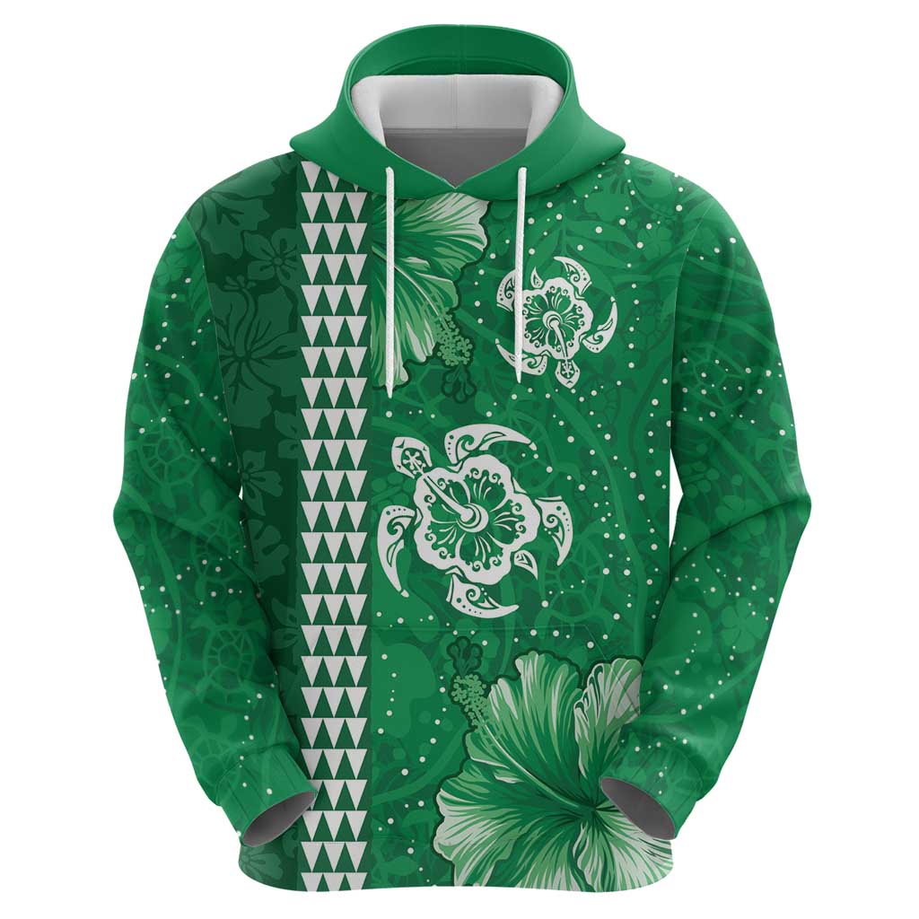 Green Hibiscus Turle Zip Hoodie Hawaiian Style Tribal Tapa Pattern