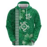 Green Hibiscus Turle Zip Hoodie Hawaiian Style Tribal Tapa Pattern