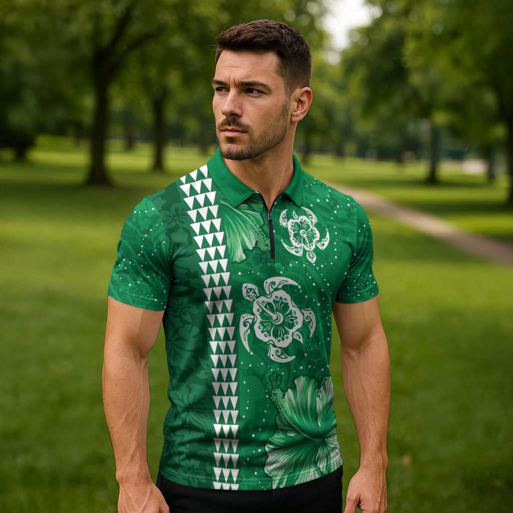 Green Hibiscus Turle Zipper Polo Shirt Hawaiian Style Tribal Tapa Pattern - Polynesian Pride