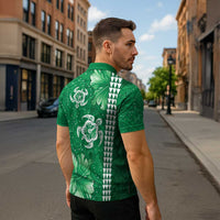 Green Hibiscus Turle Zipper Polo Shirt Hawaiian Style Tribal Tapa Pattern - Polynesian Pride