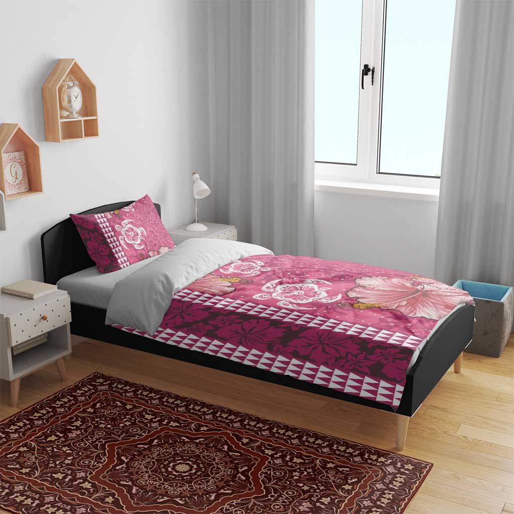 Pink Hibiscus Turle Bedding Set Hawaiian Style Tribal Tapa Pattern