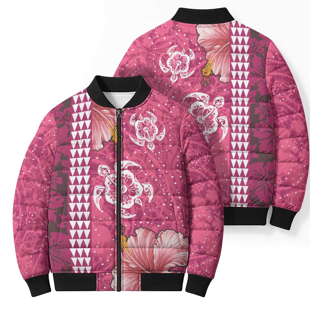 Pink Hibiscus Turle Bomber Puffer Jacket Hawaiian Style Tribal Tapa Pattern - Polynesian Pride