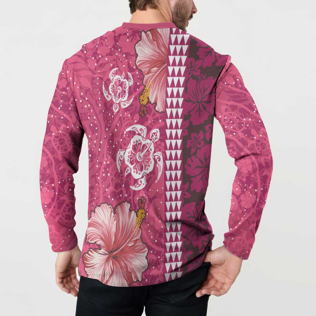Pink Hibiscus Turle Button Sweatshirt Hawaiian Style Tribal Tapa Pattern