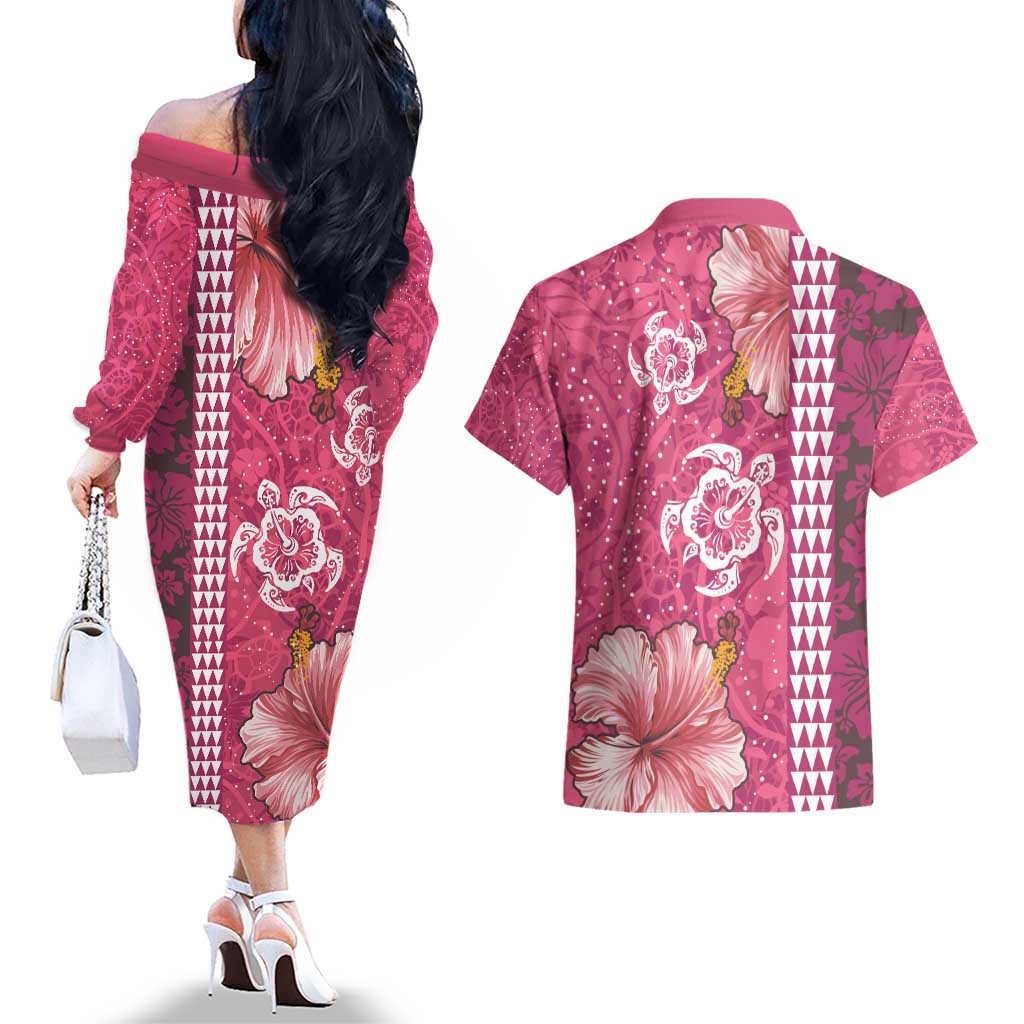 Pink Hibiscus Turle Couples Matching Off The Shoulder Long Sleeve Dress and Hawaiian Shirt Hawaiian Style Tribal Tapa Pattern