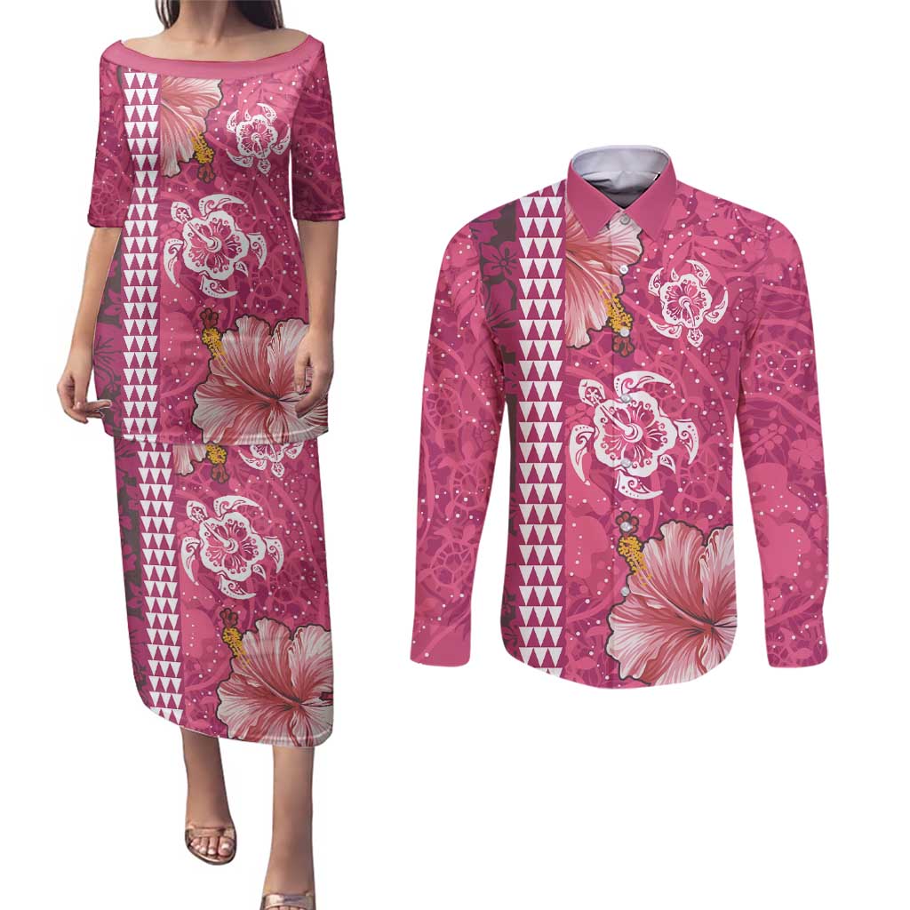 Pink Hibiscus Turle Couples Matching Puletasi and Long Sleeve Button Shirt Hawaiian Style Tribal Tapa Pattern LT9 Pink - Polynesian Pride