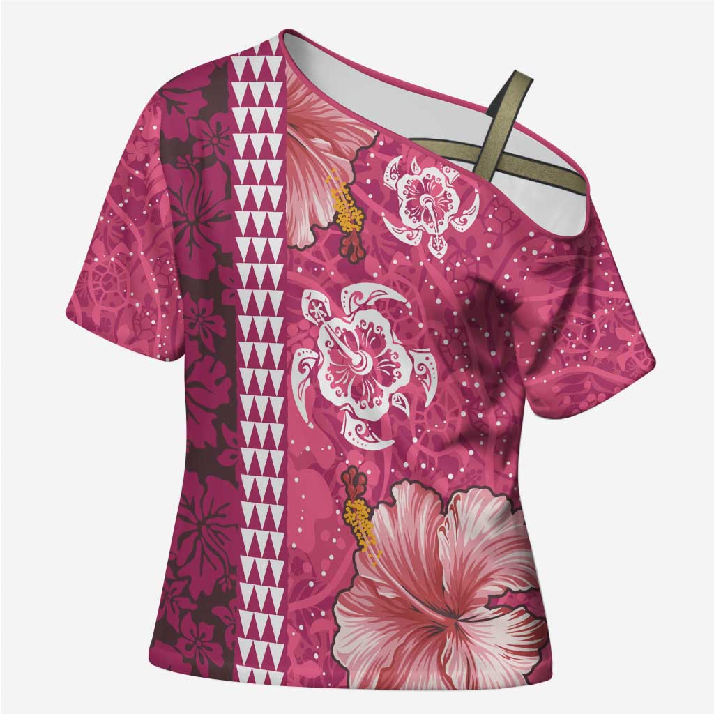 Pink Hibiscus Turle Cross Shoulder Shirt Hawaiian Style Tribal Tapa Pattern - Polynesian Pride