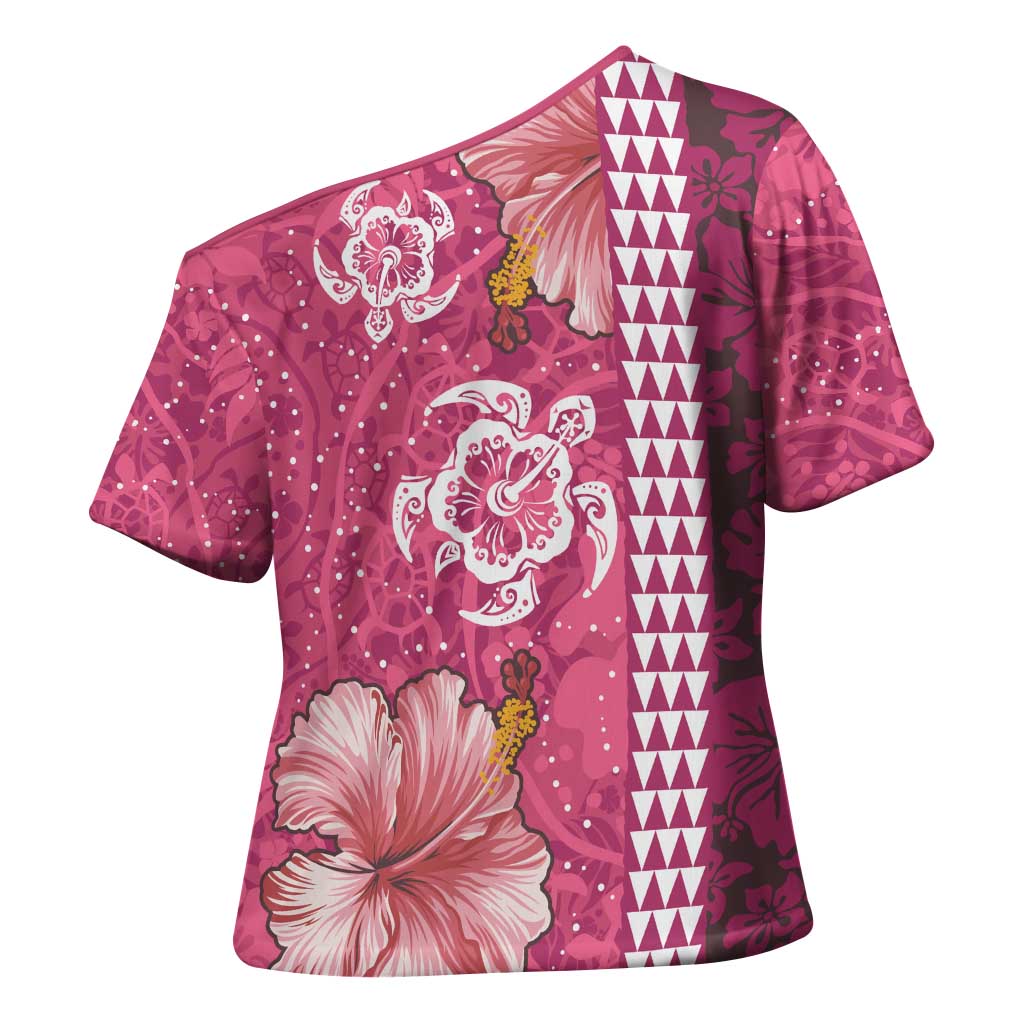 Pink Hibiscus Turle Cross Shoulder Shirt Hawaiian Style Tribal Tapa Pattern - Polynesian Pride