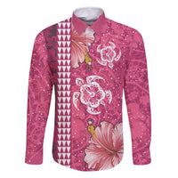 Pink Hibiscus Turle Family Matching Mermaid Dress and Hawaiian Shirt Hawaiian Style Tribal Tapa Pattern LT9 Dad's Shirt - Long Sleeve Pink - Polynesian Pride
