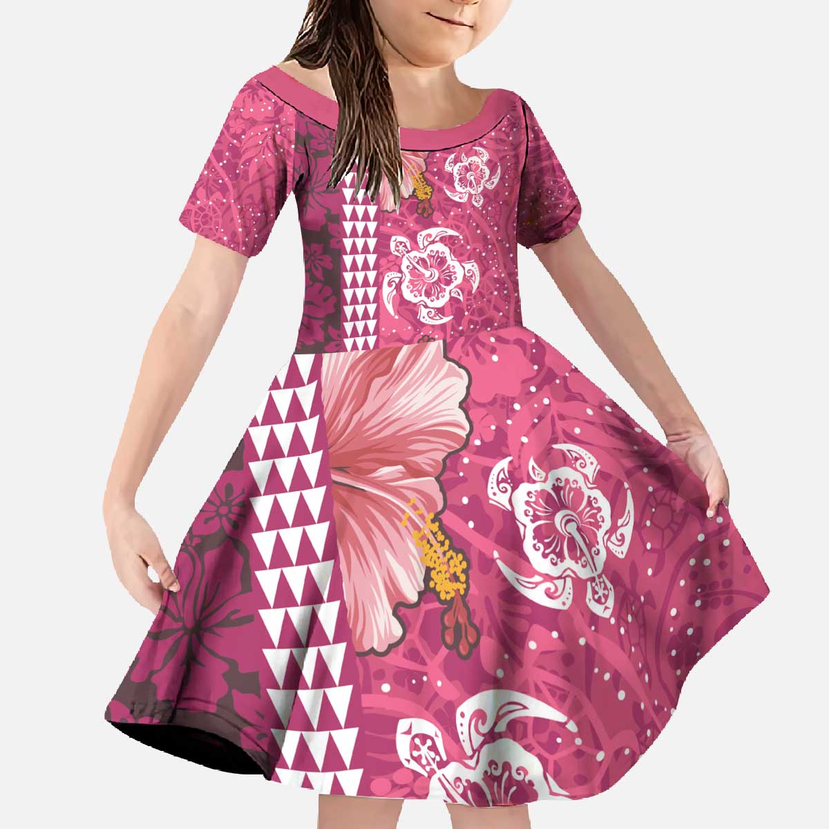 Pink Hibiscus Turle Family Matching Off The Shoulder Long Sleeve Dress and Hawaiian Shirt Hawaiian Style Tribal Tapa Pattern