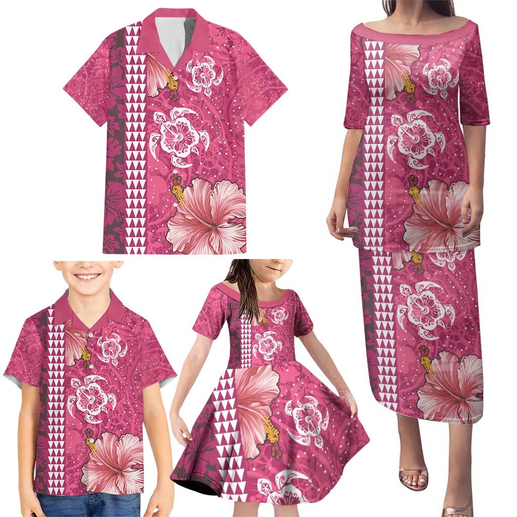 Pink Hibiscus Turle Family Matching Puletasi and Hawaiian Shirt Hawaiian Style Tribal Tapa Pattern