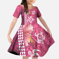 Pink Hibiscus Turle Family Matching Short Sleeve Bodycon Dress and Hawaiian Shirt Hawaiian Style Tribal Tapa Pattern LT9 Daughter's Dress Pink - Polynesian Pride