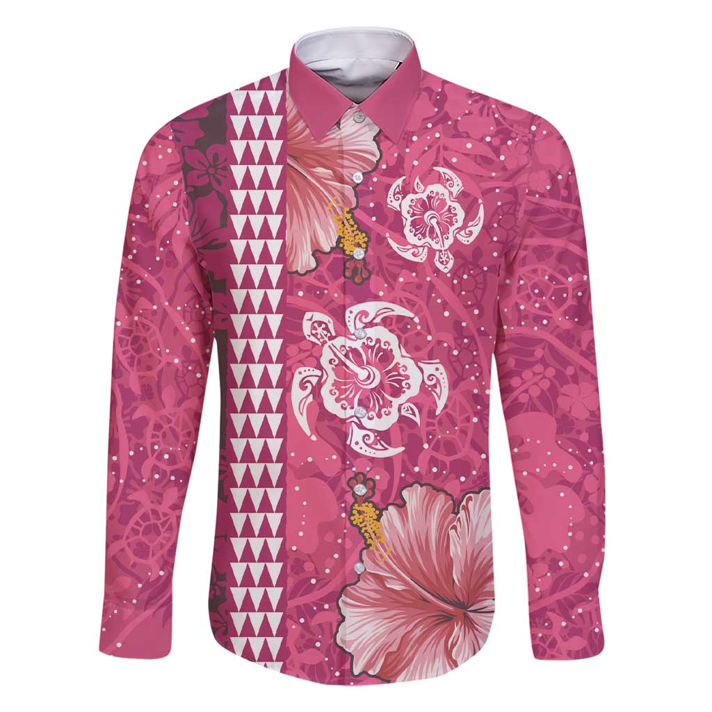Pink Hibiscus Turle Family Matching Short Sleeve Bodycon Dress and Hawaiian Shirt Hawaiian Style Tribal Tapa Pattern LT9 Dad's Shirt - Long Sleeve Pink - Polynesian Pride