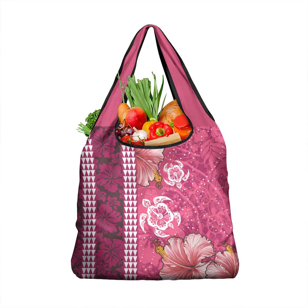 Pink Hibiscus Turle Grocery Bag Hawaiian Style Tribal Tapa Pattern