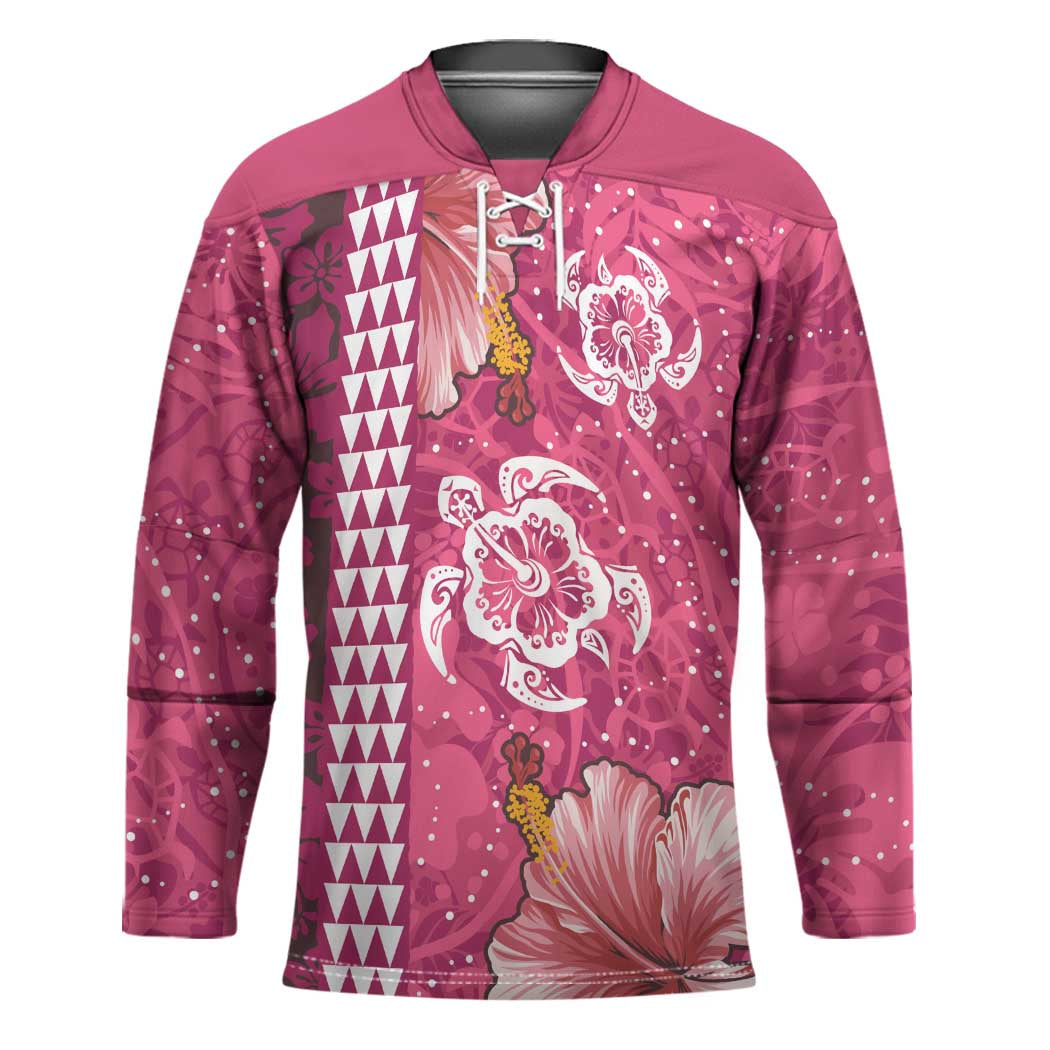 Pink Hibiscus Turle Hockey Jersey Hawaiian Style Tribal Tapa Pattern - Polynesian Pride