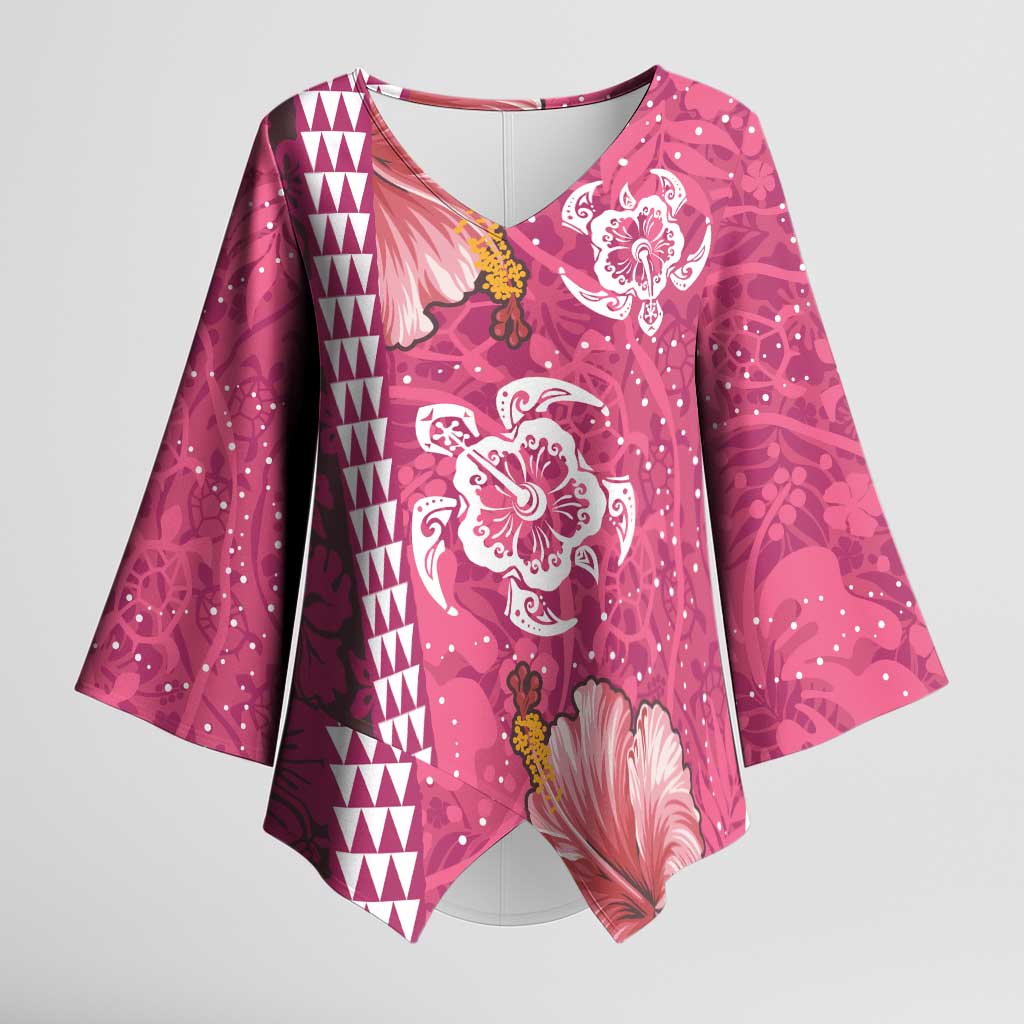 Pink Hibiscus Turle Kimono Sleeve Blouse Hawaiian Style Tribal Tapa Pattern - Polynesian Pride