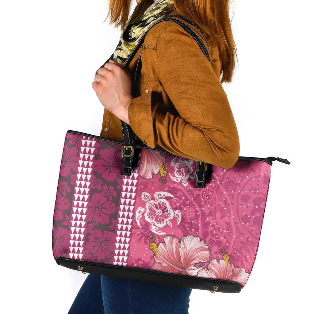 Pink Hibiscus Turle Leather Tote Bag Hawaiian Style Tribal Tapa Pattern LT9 Pink - Polynesian Pride