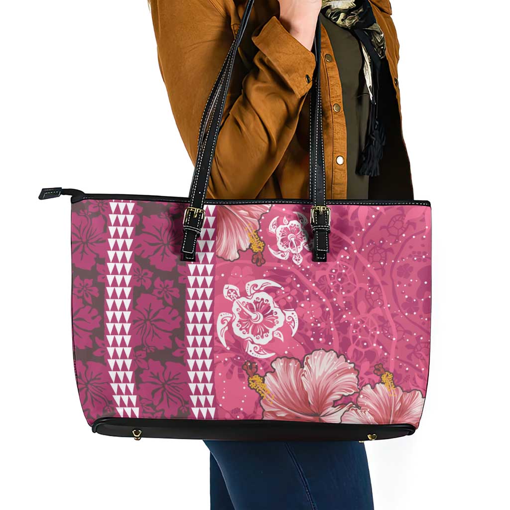 Pink Hibiscus Turle Leather Tote Bag Hawaiian Style Tribal Tapa Pattern