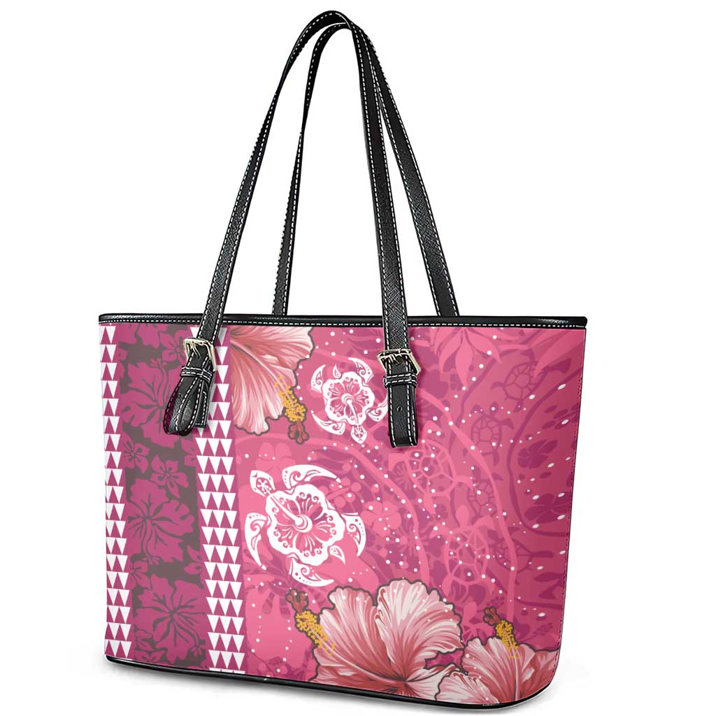 Pink Hibiscus Turle Leather Tote Bag Hawaiian Style Tribal Tapa Pattern