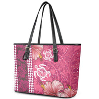 Pink Hibiscus Turle Leather Tote Bag Hawaiian Style Tribal Tapa Pattern