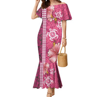 Pink Hibiscus Turle Mermaid Dress Hawaiian Style Tribal Tapa Pattern