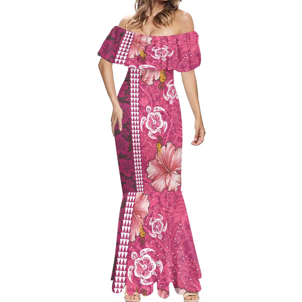 Pink Hibiscus Turle Mermaid Dress Hawaiian Style Tribal Tapa Pattern