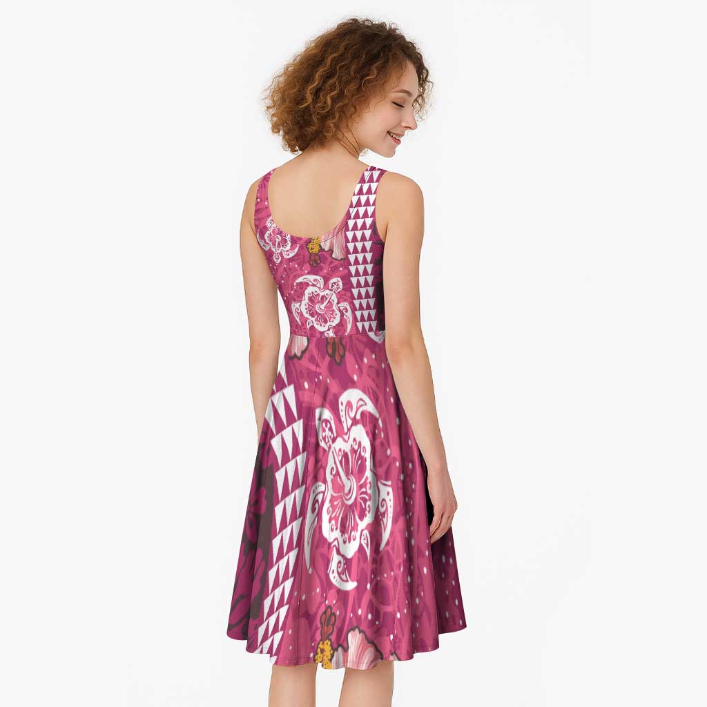 Pink Hibiscus Turle Midi Dress Hawaiian Style Tribal Tapa Pattern - Polynesian Pride