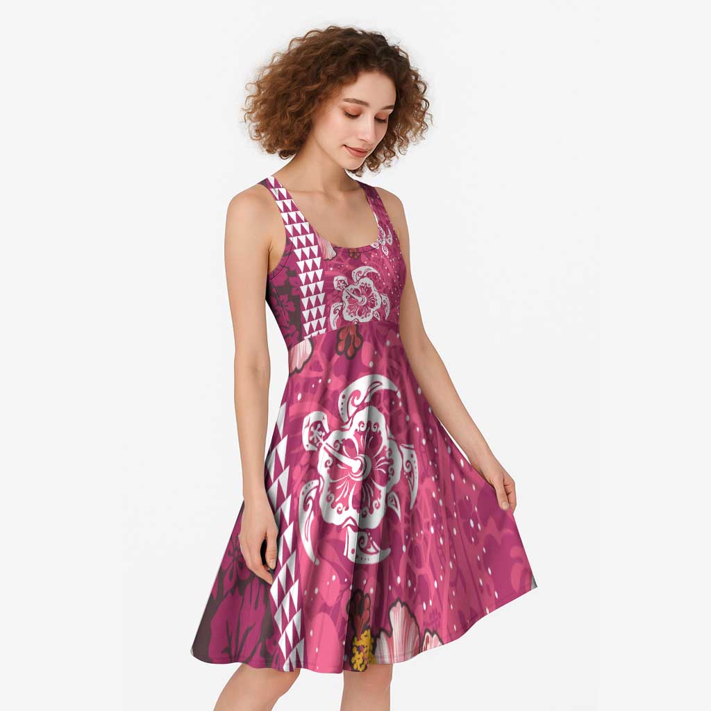 Pink Hibiscus Turle Midi Dress Hawaiian Style Tribal Tapa Pattern - Polynesian Pride