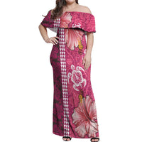 Pink Hibiscus Turle Off Shoulder Maxi Dress Hawaiian Style Tribal Tapa Pattern LT9 Women Pink - Polynesian Pride