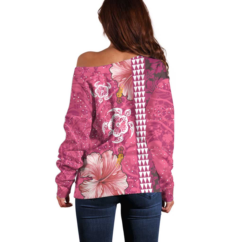 Pink Hibiscus Turle Off Shoulder Sweater Hawaiian Style Tribal Tapa Pattern