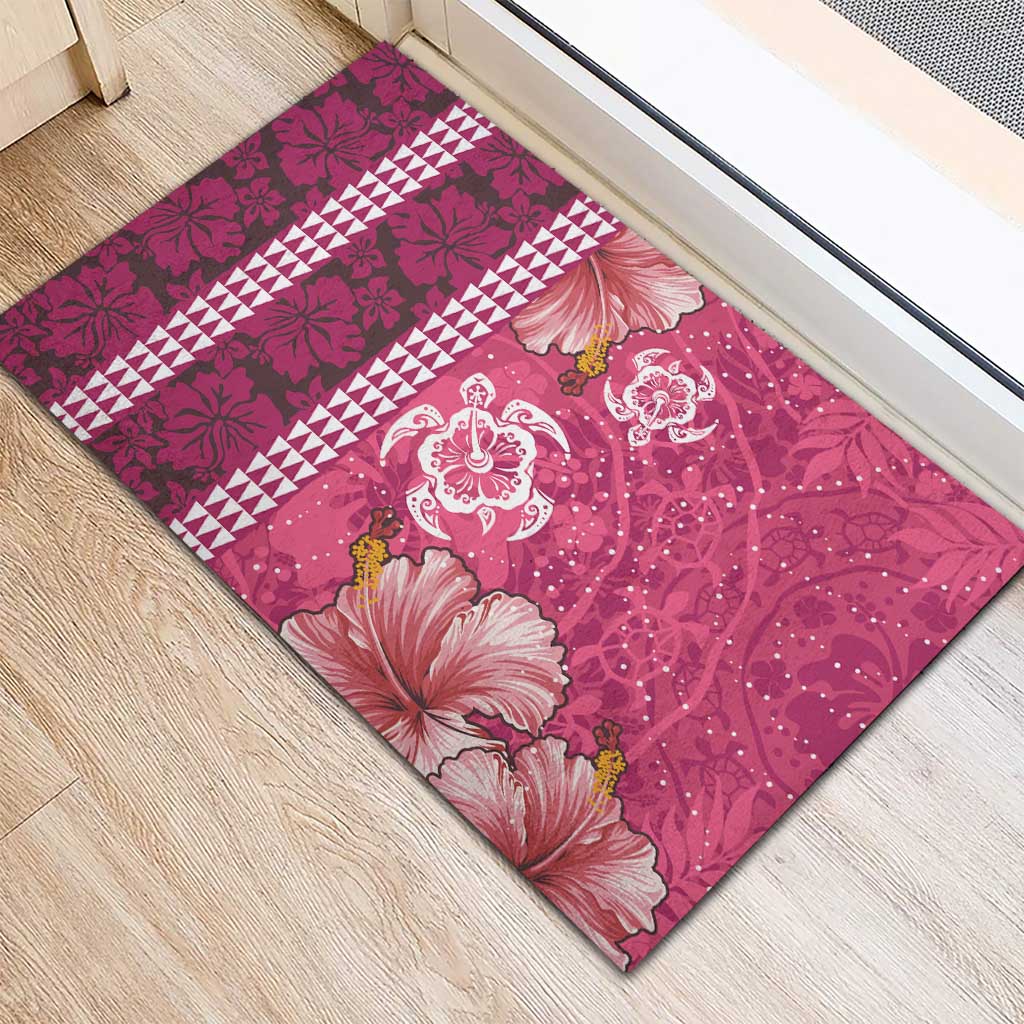 Pink Hibiscus Turle Rubber Doormat Hawaiian Style Tribal Tapa Pattern